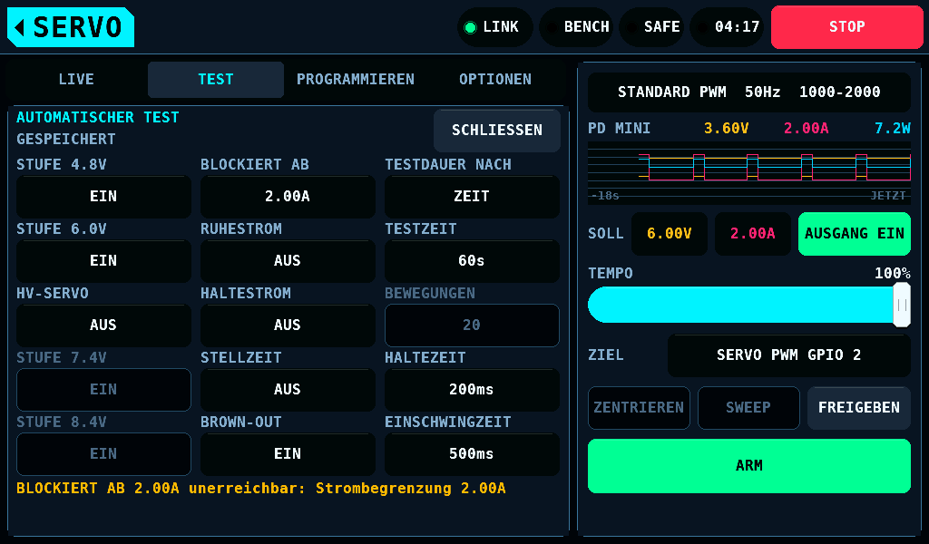 Die Optionen der Karte AUTOMATISCHER TEST