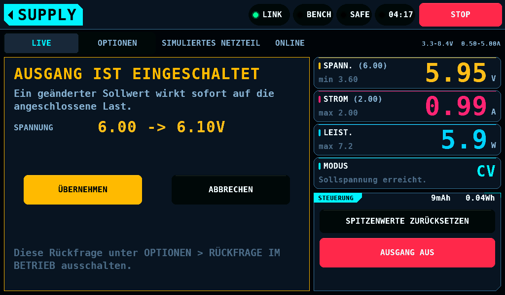 Die Rückfrage vor einer Änderung an einem eingeschalteten Ausgang