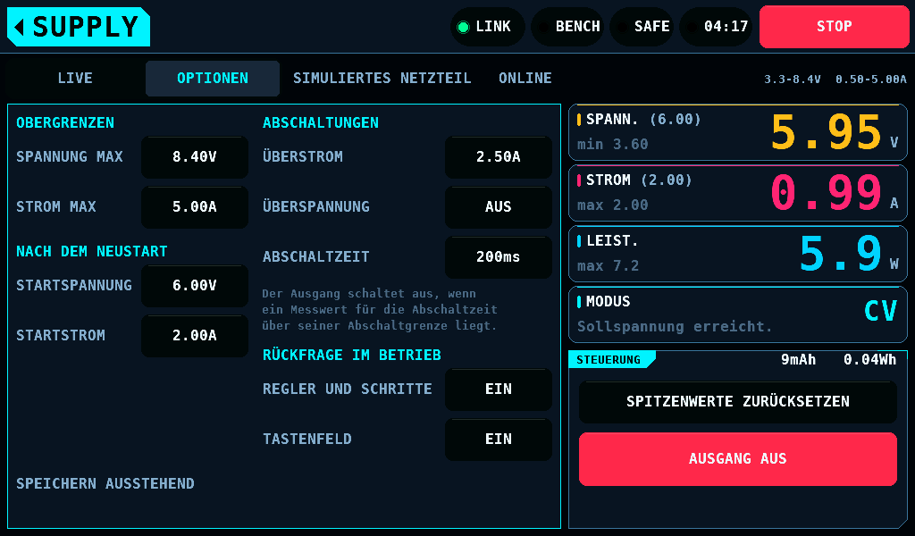 Die Optionen des Netzteils