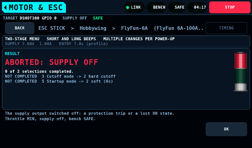 Ended by the supply: red lit