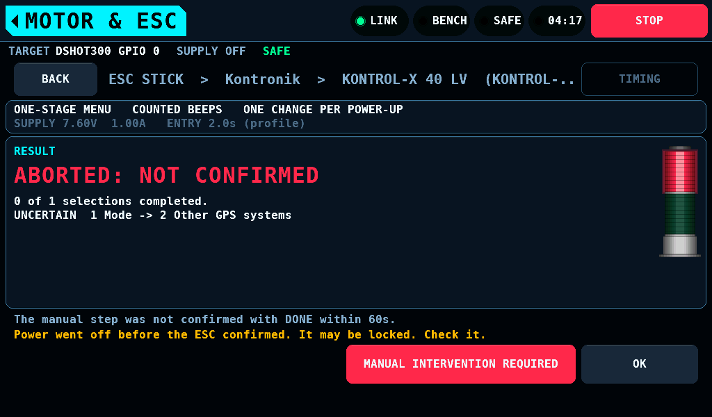 NOT CONFIRMED: the ESC may be locked