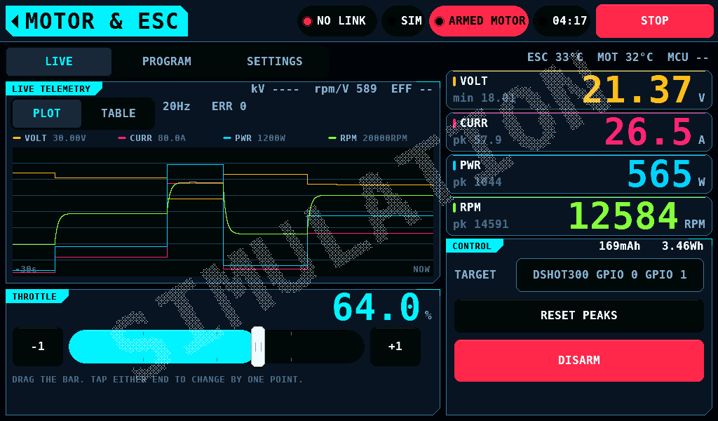 A run while ARMED, with no IOmcu: SIM and the SIMULATION watermark