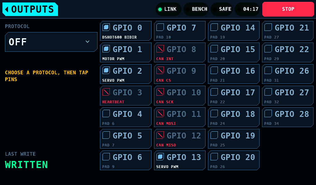 OFF shows the protocol of every bound pin