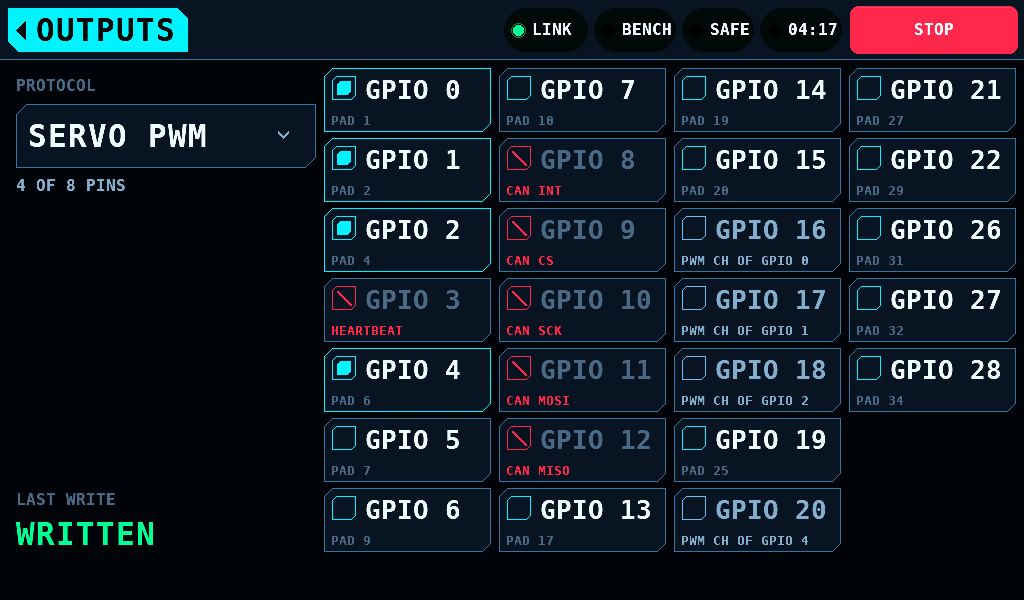 Four pins bound as SERVO PWM