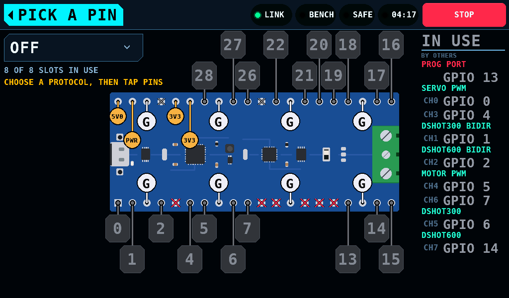 OFF selected: every bound pin under IN USE