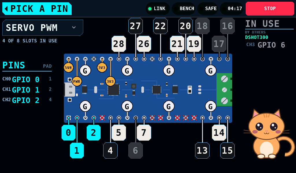 The picker with three pins bound as SERVO PWM