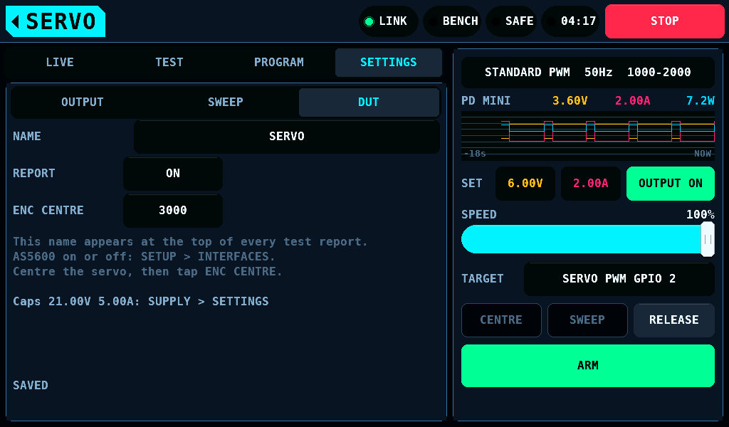 The DUT page with the output encoder on