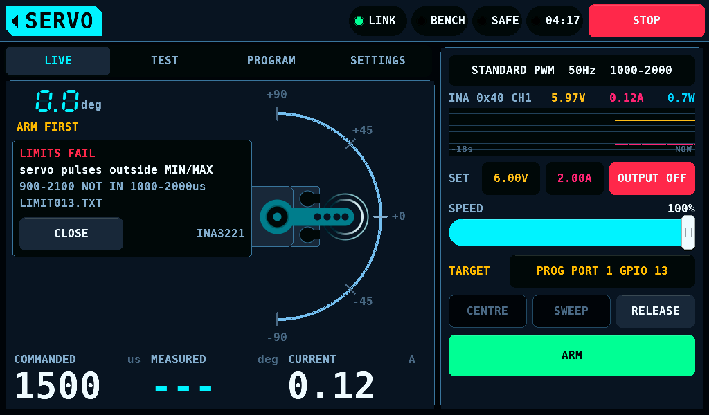 The servo's pulses outside PULSE MIN and PULSE MAX