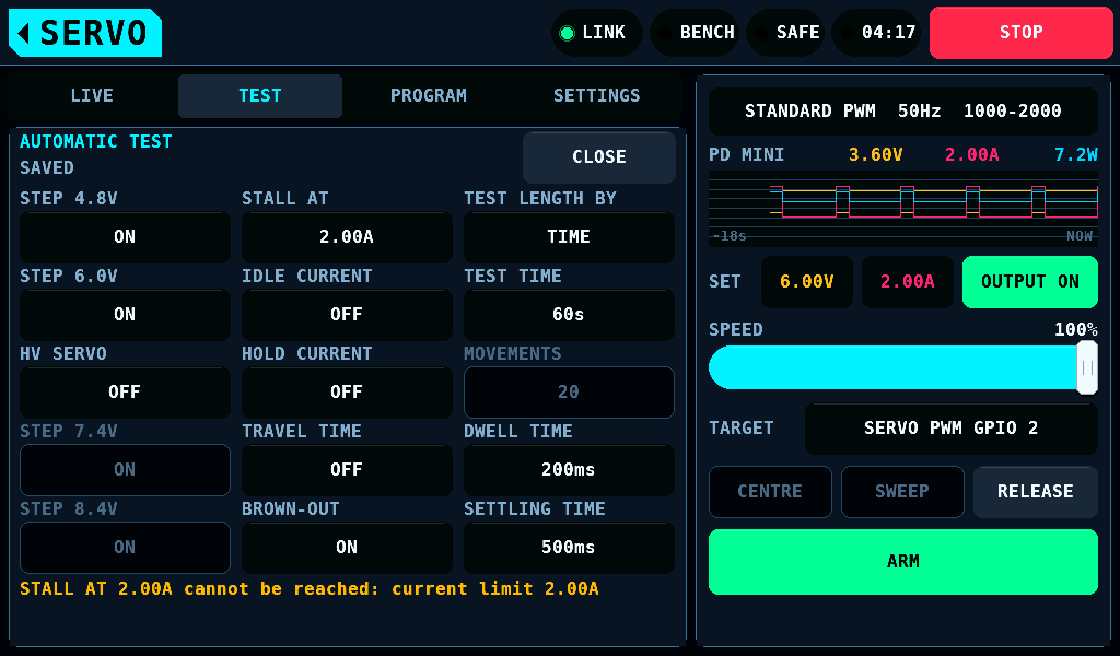 The AUTOMATIC TEST card's settings
